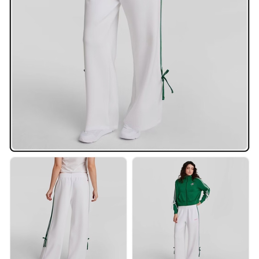 Champion White Wide-Leg Track Pants with Green Side Stripe